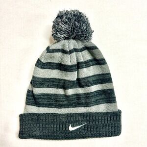 Nike Youth Striped Pom Pom Beanie Gray Silver Accents